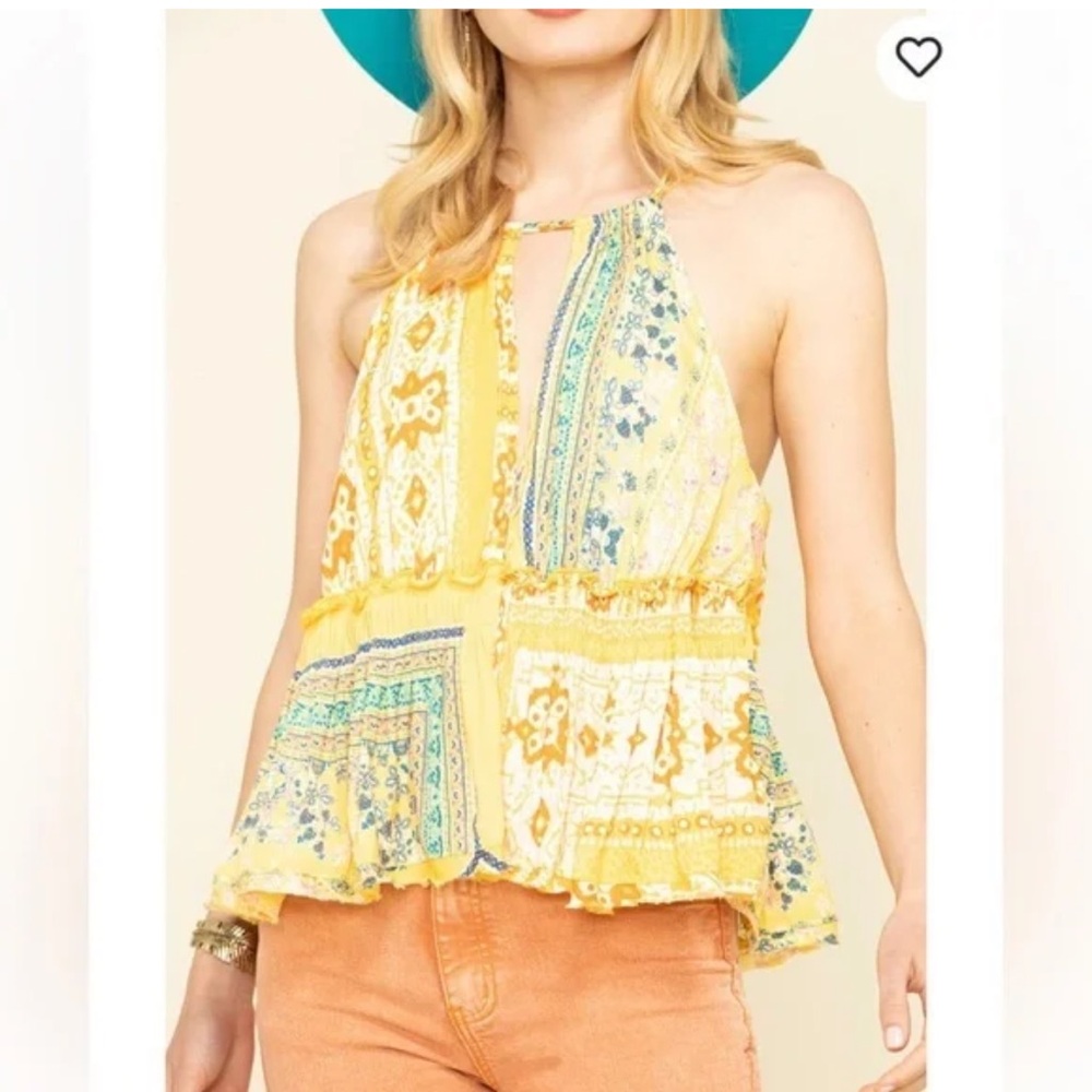 Free People Bellini Patchwork Halter Tank Top Sunshine Combo Size L